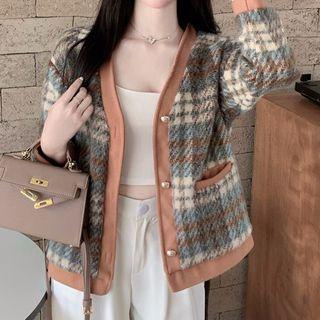 Plaid V-neck Button Jacket Plaid - Gray & Khaki - One Size