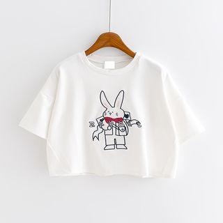 Short-sleeve Rabbit Embroidery Cropped T-shirt