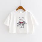 Short-sleeve Rabbit Embroidery Cropped T-shirt