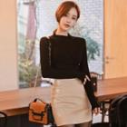 Set: Long-sleeve Top + Faux Leather Mini Skirt