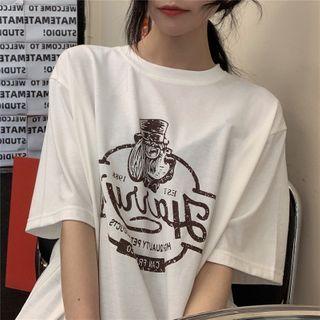 Lettering Dog Print Elbow-sleeve T-shirt