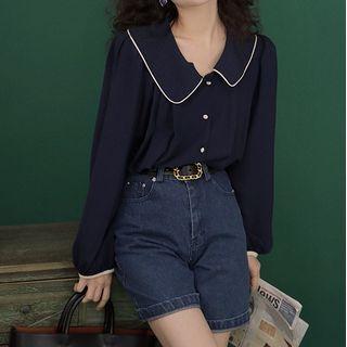 Contrast Trim Doll-collar Shirt