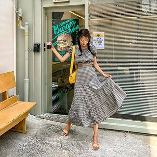 Set: Off-shoulder Plaid Blouse + Tiered Maxi Skirt