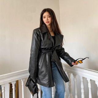 Flap Faux-leather Trench Coat With Belt