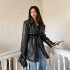Flap Faux-leather Trench Coat With Belt