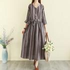 Striped 3/4-sleeve Midi A-line Dress Red & Black Stripes - Gray - One Size
