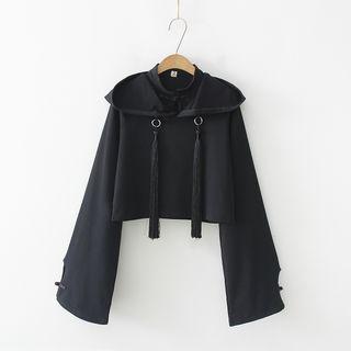 Frog Buttoned Tasseled Cropped Hoodie Black - One Size