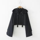 Frog Buttoned Tasseled Cropped Hoodie Black - One Size
