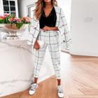 Set: Double-breasted Check Blazer + Cropped Pants