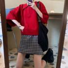 Elbow-sleeve Collar Knit Top / Plaid Mini A-line Skirt