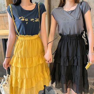Set: Short-sleeve T-shirt + Suspender Midi A-line Skirt