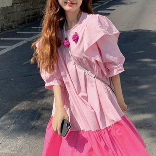 Puff-sleeve Ruffled Two-tone Midi A-line Dress Pink - One Size