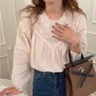 Puff-sleeve Perforated Blouse Beige - One Size