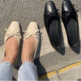 Bow-accent Square-toe Faux-leather Flats
