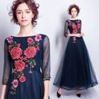 3/4-sleeve Applique Evening Gown