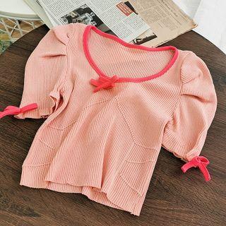Puff-sleeve Contrast Trim Knit Top