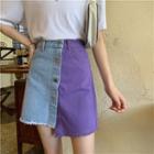 Two-tone Panel Button Denim Mini A-line Skirt