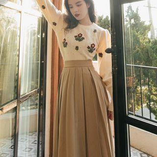 Set: Long-sleeve Floral Embroidered Knit Top + Pleated Midi A-line Skirt