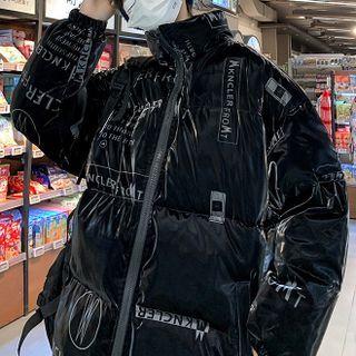 Stand-collar Lettering Wet-look Padded Jacket