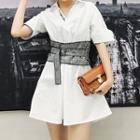 Letter Embroidered Paneled Belted Mini Shirtdress As Shown In Figure - One Size