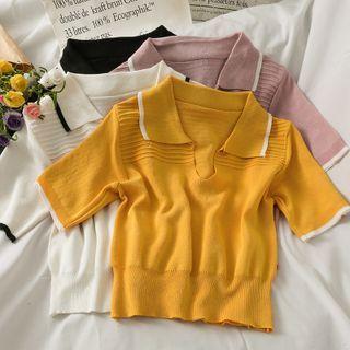 Polo-collar Crop Knit Top