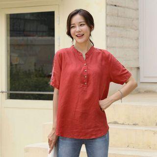 Half-placket Lace-trim Linen Blouse