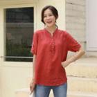 Half-placket Lace-trim Linen Blouse