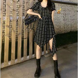 Puff-sleeve Gingham Paneled A-line Dress