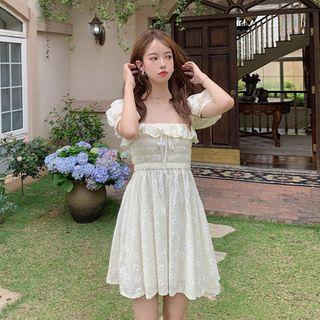 Ruffle Short-sleeve A-line Dress Off-white - One Size