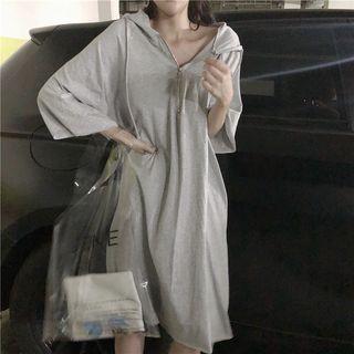 Plain 3/4-sleeve Half-zip Midi Hoodie Dress