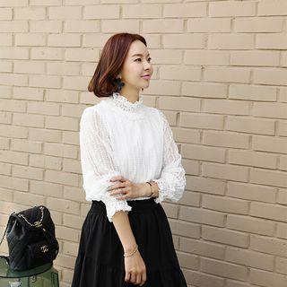 Smocked-neck Tulle Lace Top