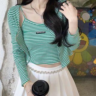 Set: Striped Camisole Top + Cardigan Set Of 2 - Camisole Top & Cardigan - Stripes - Green & White - One Size