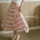 Pleated Stripe Long Flare Skirt Pink - One Size