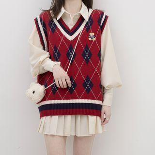Bear Embroidered Argyle Sweater Vest