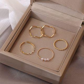 Faux Pearl Ring Set Of 5 - Gold - One Size