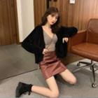 V-neck Cardigan / Faux Leather Mini A-line Skirt
