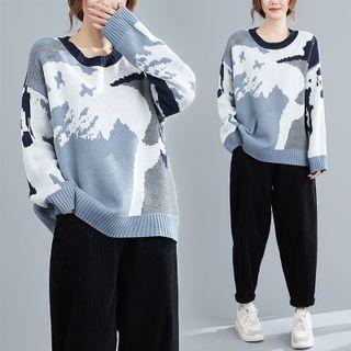 Long-sleeve Round-neck Printed Knit Top Blue & White - One Size