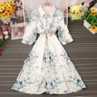 Long-sleeve Print A-line Shirt Dress White - One Size