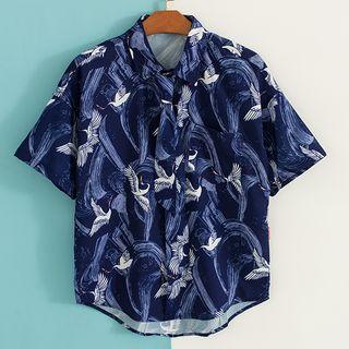 Set: Short-sleeve Crane Print Shirt + Tie