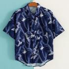 Set: Short-sleeve Crane Print Shirt + Tie