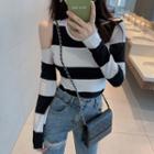 Long-sleeve Asymmetric Shoulder Striped Tee