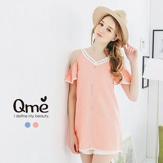 Lace Trim Cold Shoulder Chiffon Blouse