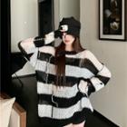 Round-neck Two Tone Ripped Oversize Knit Top Black - One Size