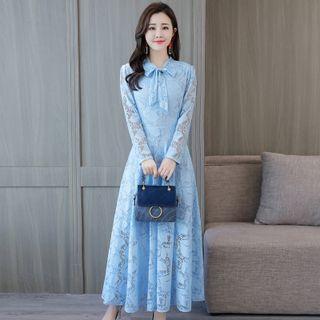 Bow-neck Lace Maxi A-line Dress