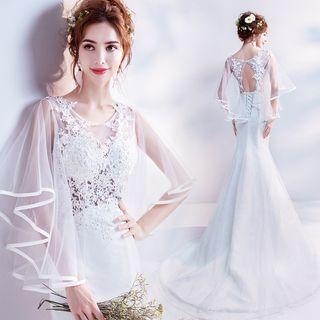 Flutter-sleeve Mermaid Wedding Gown