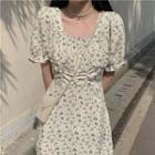 Puff-sleeve Square Neck Ruched Floral Midi A-line Dress