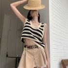 Sleeveless Striped Knit Top / T-shirt / Mini Skirt / Belt / Set
