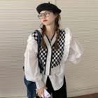 Long-sleeve Checkerboard Frill Trim Button-up Blouse Black & White - One Size