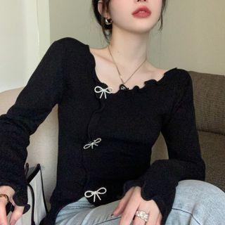 Asymmetrical Bow Knit Top Black - One Size