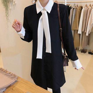 Long-sleeve Tie Neck Dress Black - One Size